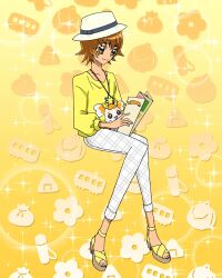 Rule 34 | 1girl, brown eyes, brown hair, fedora, full body, hat, heartcatch precure!, highres, jewelry, myoudouin itsuki, necklace, official art, pamphlet, pants, potpourri (heartcatch precure!), precure, precure connection puzzlun, reading, sandals, shirt, short hair, sitting, smile, solo, third-party source, white pants, yellow footwear, yellow shirt