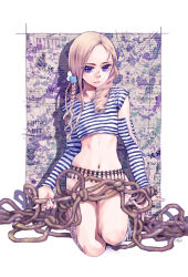Rule 34 | 1girl, blonde hair, bottomless, braid, censored, convenient censoring, detached sleeves, drill hair, highres, holding, long hair, looking at viewer, navel, original, purple eyes, quad tails, rope, shirt, solo, striped clothes, striped shirt, takanashi ringo