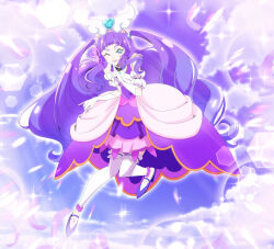 Rule 34 | 1girl, absurdres, aqua eyes, commentary request, cure majesty, dress, elbow gloves, ellee-chan, eyelashes, gloves, hair ornament, happy, highres, hirogaru sky! precure, long hair, looking at viewer, magical girl, one eye closed, precure, purple dress, purple hair, smile, solo, takuya (keroro0519), thighhighs, thighs, white thighhighs, wing hair ornament