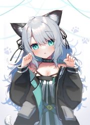 Rule 34 | 1girl, :o, absurdres, ahoge, animal ear fluff, animal ears, aqua eyes, arknights, bare shoulders, black jacket, black ribbon, blush, breasts, cat ears, cat girl, cat tail, cleavage, collar, collarbone, commentary, hair ribbon, hands up, head tilt, highres, infection monitor (arknights), jacket, long sleeves, looking at viewer, mint (arknights), moti yousei, off shoulder, open clothes, open jacket, open mouth, paw pose, paw print, paw print background, ribbon, silver hair, small breasts, solo, tail, upper body, white background