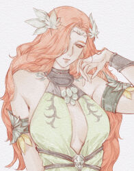 Rule 34 | 1girl, absurdres, bare shoulders, breasts, chinese commentary, circlet, cleavage cutout, clothing cutout, detached sleeves, dress, final fantasy, final fantasy xiv, green dress, green eyes, hair ornament, hair over one eye, hand in own hair, highres, leaf hair ornament, long hair, looking down, nophica, one eye covered, orange hair, simple background, sleeveless, sleeveless dress, solo, upper body, wavy hair, white background, wo dou gao shi&#039;er shennu, wristlet