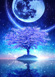 Rule 34 | branch, cherry blossoms, cloud, full moon, grass, highres, horizon, lens flare, moon, night, night sky, original, reflection, scenery, sky, smile (qd4nsvik), sparkle, star (sky), tree, water world