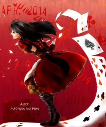 Rule 34 | 1girl, alice: madness returns, alice (alice in wonderland), alice in wonderland, alice liddell (american mcgee&#039;s alice), american mcgee&#039;s alice, american mcgee's alice, black hair, blood, boots, card, dress, floating card, gloves, green eyes, highres, knife, ldicc, long hair, pantyhose, playing card, solo, striped clothes, striped pantyhose