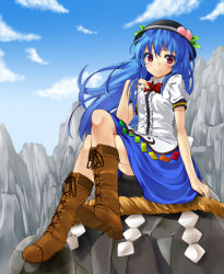 Rule 34 | 1girl, blue hair, blush, boots, cloud, cross-laced footwear, day, female focus, food, fruit, hand on own chest, hat, hinanawi tenshi, keystone, knee boots, lace-up boots, crossed legs, long hair, mamedenkyuu (berun), peach, red eyes, rope, shimenawa, sitting, sky, smile, solo, touhou