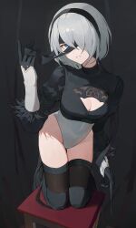 Rule 34 | 1girl, absurdres, black blindfold, black gloves, black thighhighs, blindfold, blue eyes, breasts, cleavage, cleavage cutout, clothing cutout, gloves, highres, kneeling, leotard, long sleeves, looking at viewer, medium breasts, nier:automata, nier (series), smile, solo, starshell, thighhighs, white hair, white leotard, 2b (nier:automata)