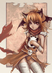 Rule 34 | 1girl, alternate color, animal ears, armor, assassin cross (ragnarok online), black wings, breasts, brown cape, brown eyes, brown hair, brown leotard, cape, cat ears, commentary, cowboy shot, demon wings, ekaterina orange, english commentary, head wings, leg wrap, leotard, long hair, looking at viewer, medium breasts, open mouth, outside border, pauldrons, photoshop (medium), ragnarok online, red scarf, scarf, shoulder armor, skull, solo, stuffed animal, stuffed panda, stuffed toy, torn cape, torn clothes, torn scarf, waist cape, watermark, web address, wings