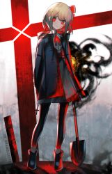 Rule 34 | 1girl, alternate costume, blonde hair, blood, blood on face, blood on clothes, bloody weapon, commentary, darkness, full body, head tilt, highres, kky, leggings, looking at viewer, neck ribbon, red eyes, red ribbon, ribbon, rumia, short hair, shovel, solo, standing, touhou, twitter username, weapon
