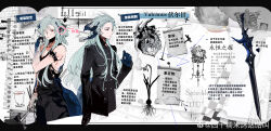 Rule 34 | 1boy, absurdres, arknights, arm belt, arrow (symbol), bare arms, belt, belt buckle, bishounen, black belt, black gloves, black jacket, black pants, black sleeves, black tank top, blue hair, blue horns, buckle, buttons, character name, character sheet, chinese commentary, chinese text, claws, collarbone, commentary request, copyright request, crest, cropped legs, dragon horn, dragon tail, eyelashes, gloves, grey gloves, hair bun, hammer, heart (organ), high-waist pants, highres, holding, holding hammer, holding towel, horns, jacket, letterboxed, light frown, long hair, long sleeves, looking ahead, looking at viewer, material growth, multiple horns, multiple views, oripathy lesion (arknights), pants, parted lips, pectoral cleavage, pectorals, red eyes, simple background, single glove, single side bun, sishi nuomi ge gugu jiao, sweat, sword, tail, tank top, text focus, towel, translation request, very long hair, watermark, weapon, weibo logo, weibo watermark, white background, wiping face