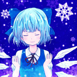 1girl bad_id bad_pixiv_id batta_(ijigen_debris) blue_hair bow cirno closed_eyes female_focus hair_bow ice ice_wings short_hair snowflakes solo touhou wings