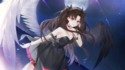 Rule 34 | 1girl, absurdres, bare shoulders, black dress, black hair, blue eyes, bracelet, breasts, choker, cleavage, dress, fate/stay night, fate (series), feathered wings, hand in own hair, highres, ion (on01e), jewelry, medium breasts, moon, night, night sky, non-web source, ocean, scarf, sky, smile, solo, tohsaka rin, twintails, two-tone wings, wings