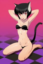 Rule 34 | 1girl, animal ears, barefoot, black hair, bra, breasts, brown eyes, cat ears, cat tail, character request, feet, looking at viewer, nadeara bukichi, navel, open mouth, short hair, solo, tail, underwear