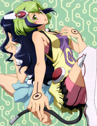 Rule 34 | 10s, 2girls, absurdres, azumaya miyabi, back-to-back, bare shoulders, barefoot, black hair, blue skirt, cable, cable tail, dimension w, feet, fingernails, green eyes, green hair, hair ornament, highres, kneeling, long hair, mechanical tail, multicolored hair, multiple girls, official art, open mouth, own hands clasped, own hands together, pink shorts, shorts, skirt, soles, tail, tattoo, thighhighs, toes, two-tone hair, white legwear, yurizaki mira