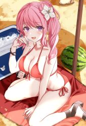 Rule 34 | 1girl, armpit crease, bare shoulders, beach mat, between legs, bikini, breasts, cleavage, collarbone, commission, cooler, flower, food, front-tie bikini top, front-tie top, fruit, hair flower, hair ornament, halterneck, hand between legs, hand up, highres, indie virtual youtuber, large breasts, long hair, looking at viewer, nail polish, open mouth, pink hair, pixiv commission, purple eyes, red bikini, reiyu guigui, revision, sandals, side-tie bikini bottom, side ponytail, sitting, smile, solo, strap gap, string bikini, swimsuit, thighs, vayneeeee, virtual youtuber, wariza, watermelon, wristband