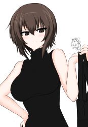 Rule 34 | 2girls, absurdres, aikir (jml5160), bag, black shirt, blouse, blush, brown eyes, brown hair, carrying, closed mouth, commentary, female focus, girls und panzer, handbag, highres, light smile, looking at another, looking at viewer, multiple girls, nishizumi maho, nishizumi miho, one-hour drawing challenge, shirt, short hair, sleeveless, sleeveless shirt, solo focus, turtleneck, upper body