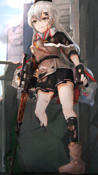 Rule 34 | 1girl, absurdres, belt, black gloves, black hat, black skirt, black thighhighs, blood, blood on face, boots, brown eyes, brown footwear, brown jacket, city, damaged, dragunov svd, fingerless gloves, girls&#039; frontline, gloves, grey hair, gun, hat, highres, holding, holding gun, holding weapon, jacket, long hair, looking away, mechanical legs, mechanical parts, military, military hat, military uniform, muteppona hito, rifle, shirt, simple background, single boot, single mechanical leg, single thighhigh, skirt, sniper rifle, solo, standing, standing on one leg, svd (girls&#039; frontline), thighhighs, torn clothes, uniform, weapon, weapon case, white shirt