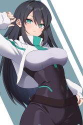 Rule 34 | 1girl, black bodysuit, black hair, blush, bodysuit, bodysuit under clothes, breasts, campbell xx, closed mouth, commentary, covered navel, expressionless, eyes visible through hair, green eyes, grey background, gundam, gundam build divers, gundam build divers re:rise, hair between eyes, hand on own hip, hand up, high collar, highres, ibispaint (medium), large breasts, long hair, long sleeves, looking at viewer, may (gundam build divers re:rise), shrug (clothing), skin tight, sleeves past wrists, solo, two-tone background, very long hair, white background