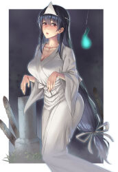 1girl alternate_costume black_hair breasts fusou_(kancolle) ghost_costume hair_between_eyes halloween_costume highres japanese_clothes kantai_collection kimono kokuzou large_breasts long_hair low-tied_long_hair red_eyes shiroshouzoku solo triangular_headpiece very_long_hair white_kimono wide_sleeves