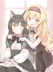 Rule 34 | 2girls, :d, adjusting another&#039;s clothes, animal ear fluff, animal ears, bare arms, black bow, black bowtie, black hair, black tail, blonde hair, blush, bow, bowtie, cat ears, cat girl, cat tail, collared dress, company name, copyright notice, dress, frills, hairband, highres, hug, hug from behind, indoors, little witch nobeta, long hair, long sleeves, looking at another, multiple girls, no nose, nobeta, non-web source, official art, open mouth, phyllis (human) (little witch nobeta), phyllis (little witch nobeta), red eyes, red hairband, sleeveless, smile, stitched, tail, third-party edit, very long hair, yellow eyes