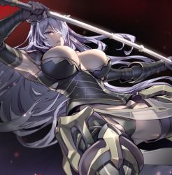 Rule 34 | 1girl, armor, armored boots, black armor, black panties, boots, breasts, camilla (fire emblem), commission, elbow gloves, fire emblem, fire emblem fates, gauntlets, gloves, hair over one eye, holding, holding weapon, large breasts, long hair, nintendo, open mouth, panties, purple hair, skeb commission, solo, tiara, underwear, very long hair, wavy hair, weapon, zunta