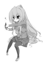 Rule 34 | 00s, 1girl, :&lt;, aisaka taiga, greyscale, hairan, handheld game console, long hair, mary janes, monochrome, nintendo ds, playing games, shoes, solo, thighhighs, toradora!, very long hair