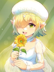 Rule 34 | aoi (princess connect!), breasts, dress, elf, flower, green eyes, green hair, highres, jewelry, looking at viewer, open mouth, pointy ears, princess connect!, ring, short hair, small breasts, wedding band, wedding dress, yako noir, yako noir (kei-ne)