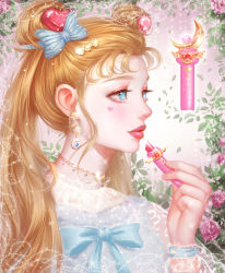 Rule 34 | 1girl, absurdres, bishoujo senshi sailor moon, bishoujo senshi sailor moon (first season), blonde hair, blue bow, bow, bowtie, choker, crescent, double bun, earrings, eyelashes, facial mark, fingernails, flower, hair bow, hair bun, hair ornament, hairclip, heart, heart-shaped pupils, heart hair ornament, highres, jewelry, lace trim, lipstick, long hair, looking away, makeup, moon stick, pink flower, pink lips, pink rose, profile, rena illusion, rose, solo, symbol-shaped pupils, tsukino usagi, twintails, very long hair