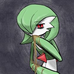 Rule 34 | 1girl, bags under eyes, black background, bob cut, colored skin, covering own mouth, creatures (company), derivative work, female focus, flat chest, game freak, gardevoir, gen 3 pokemon, gradient background, green hair, green skin, hair over one eye, half-closed eyes, hand up, kurozu (clarion), leaning forward, looking at viewer, multicolored skin, nintendo, one eye covered, pokemon, pokemon (creature), red eyes, short hair, simple background, solo, standing, two-tone skin, upper body, vomit, vomiting, white skin