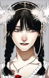 Rule 34 | 1girl, aespa, black hair, braid, commentary, dated commentary, earrings, grey background, grey eyes, highres, hoshi san 3, jewelry, long hair, looking at viewer, necklace, ningning (aespa), parted lips, solo, twin braids, upper body