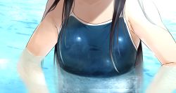 Rule 34 | 1girl, black hair, blue one-piece swimsuit, breasts, close-up, competition school swimsuit, head out of frame, highres, long hair, nipples, one-piece swimsuit, original, partially submerged, pool, pull, school swimsuit, see-through, solo, swimsuit, wachiwo, water