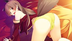 Rule 34 | 1girl, all fours, animal ears, ass, bare shoulders, bed, blush, brown hair, cameltoe, cccpo, fox ears, from behind, game cg, legs, long hair, looking back, panties, red eyes, sekai wo sukuu dake no kantan na oshigoto, solo, tail, thighs, underwear, wet, yellow panties
