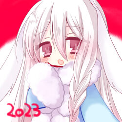 Rule 34 | 1girl, 2023, :3, animal ears, ayabisu, blush, braid, chinese zodiac, coat, fur-trimmed sleeves, fur collar, fur trim, long hair, long sleeves, looking at viewer, new year, open mouth, original, pink eyes, rabbit-shaped pupils, rabbit ears, rabbit girl, side braid, smile, solo, symbol-shaped pupils, upper body, white hair, year of the rabbit