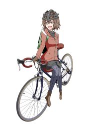 Rule 34 | 1girl, :d, absurdres, backpack, bag, bicycle, brown eyes, brown hair, full body, helmet, highres, jacket, looking at viewer, open mouth, original, pantyhose, potato pot, shoes, short hair, shorts, sidesaddle, simple background, sitting, smile, solo, striped clothes, striped pantyhose, vertical stripes, white background