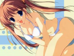 Rule 34 | 1girl, :d, between thighs, bikini, blue eyes, brown hair, dutch angle, fang, hair ribbon, highres, long hair, mikeou, non-web source, open mouth, original, ribbon, sitting, smile, solo, swimsuit, thighs, twintails, v arms, wallpaper, white bikini