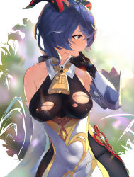 Rule 34 | 1girl, absurdres, ahoge, bare shoulders, bell, black gloves, blue hair, blush, bodysuit, breasts, collarbone, covered navel, cowbell, cowboy shot, detached sleeves, facing viewer, finger to mouth, ganyu (genshin impact), genshin impact, gloves, goat horns, groin, hair between eyes, highres, horns, large breasts, leotard, long hair, long sleeves, looking to the side, negative space, okoru ringo, plant, purple eyes, simple background, solo, torn clothes, white background