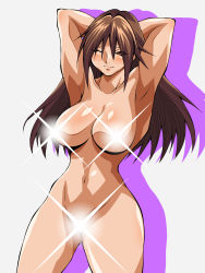 Rule 34 | 00s, 1girl, armpits, arms up, blush, breasts, brown eyes, brown hair, censored, convenient censoring, eyes visible through hair, glowing, grey background, highres, ichigo 100 percent, inabakun00, kitaooji satsuki, large breasts, light smile, long hair, looking at viewer, matching hair/eyes, navel, censored nipples, nude, one eye closed, shadow, simple background, solo, standing, wink