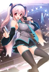 Rule 34 | 1girl, absurdres, bare shoulders, blush, boots, breasts, cosplay, crossover, happy, hatsune miku, hatsune miku (cosplay), headphones, highres, impossible clothes, impossible shirt, large breasts, long hair, microphone, necktie, nitroplus, open mouth, pink hair, red eyes, shiny skin, shirt, skin tight, skindentation, skirt, solo, stage, super sonico, taut clothes, taut shirt, thighhighs, tsuji santa, twintails, vocaloid