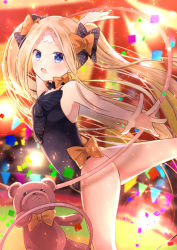 Rule 34 | 1girl, abigail williams (fate), abigail williams (welcome to the travelling circus!) (fate), alternate hairstyle, arm up, ass, bare arms, bare shoulders, black bow, black leotard, black nails, blonde hair, blush, bow, commentary request, fate/grand order, fate (series), fingernails, hair bow, highres, iroha (shiki), leotard, long hair, looking at viewer, multicolored nails, nail polish, official alternate costume, open mouth, orange bow, orange nails, outstretched arm, parted bangs, pennant, polka dot, polka dot bow, sidelocks, solo, standing, standing on one leg, string of flags, stuffed animal, stuffed toy, teddy bear, twintails, very long hair, welcome to the travelling circus!
