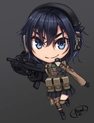 Rule 34 | 1girl, assault rifle, bad id, bad pixiv id, black hair, blue eyes, bullpup, chibi, dreadtie, fn f2000, fn herstal, gloves, gun, headset, knee pads, modular weapon system, original, rifle, short hair, signature, simple background, solo, weapon