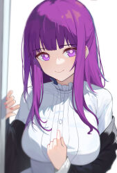 Rule 34 | 1girl, absurdres, black coat, black robe, blunt bangs, breasts, closed mouth, coat, collar, dress, eiightman, fern (sousou no frieren), frilled collar, frills, hand on own chest, highres, large breasts, long hair, long sleeves, looking at viewer, purple eyes, purple hair, purple pupils, robe, sidelocks, smile, solo, sousou no frieren, straight hair, white dress