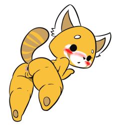 Rule 34 | 10s, 1girl, aggressive retsuko, animal ears, anus, ass, black eyes, blush, cleft of venus, female focus, from behind, full body, furry, furry female, looking at viewer, looking back, nude, open mouth, panda ears, pussy, retsuko, simple background, solo, tail, uncensored, vono (voon), white background