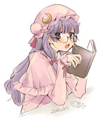 Rule 34 | 1girl, bad id, bad twitter id, black-framed eyewear, book, bow, capelet, crescent, crescent pin, dated, dress, glasses, hair bow, hat, highres, holding, holding book, long hair, long sleeves, looking at viewer, mob cap, open mouth, patchouli knowledge, pink capelet, pink dress, pink hat, purple eyes, purple hair, red bow, simple background, solo, touhou, vanilla (miotanntann), white background