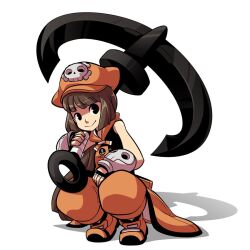 Rule 34 | 1girl, anchor, anchor symbol, black eyes, black gloves, brown hair, cabbie hat, fingerless gloves, fingernails, gloves, guilty gear, hat, hat ornament, holding, holding anchor, long hair, mary cagle, may (guilty gear), orange footwear, orange hat, orange pants, orange shirt, pants, shadow, shirt, skull and crossbones, skull hat ornament, smile, solo, squatting, white background