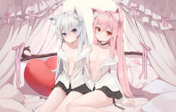 Rule 34 | 2girls, absurdres, animal ears, auuufox, black skirt, blue eyes, breasts, cat ears, cat girl, demon tail, expressionless, grey hair, heart, heart-shaped pillow, highres, long hair, long sleeves, looking at viewer, miniskirt, multiple girls, navel, no bra, off shoulder, open clothes, open shirt, original, pillow, pink hair, pleated skirt, red eyes, shirt, skirt, small breasts, tail, white shirt