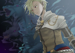 Rule 34 | 1boy, arai 12, belt, blonde hair, brown shirt, capelet, closed mouth, commentary request, demon, doppelganger (ragnarok online), dutch angle, gauntlets, ghost, horse, looking to the side, male focus, nightmare (ragnarok online), open mouth, ragnarok online, red eyes, shirt, short hair, solo, standing, swordsman (ragnarok online), teeth, upper body, white capelet