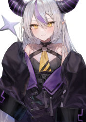 Rule 34 | 1girl, 6665 roku, bare shoulders, black dress, black jacket, blush, closed mouth, demon horns, dress, hair between eyes, highres, hololive, horns, jacket, la+ darknesss, long hair, long sleeves, looking at viewer, multicolored hair, open clothes, open jacket, pointy ears, purple hair, silver hair, simple background, sleeveless, sleeveless dress, sleeves past fingers, sleeves past wrists, solo, streaked hair, upper body, virtual youtuber, white background, yellow eyes