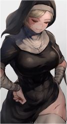 Rule 34 | 1girl, bandaged arm, bandages, black legwear, blonde hair, breasts, burn scar, closed eyes, closed mouth, cross, cross necklace, hands on own hips, highres, ibuo (ibukht1015), jewelry, large breasts, necklace, nun, original, robe, scar, side slit, smile, swept bangs, thick thighs, thighs, veil