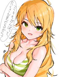 Rule 34 | 1girl, ahoge, blonde hair, blush, breasts, cleavage, collarbone, green eyes, green shirt, highres, hoshii miki, idolmaster, idolmaster (classic), long hair, looking at viewer, medium breasts, messy hair, shirt, simple background, sleeveless, sleeveless shirt, smile, solo, speech bubble, striped clothes, striped shirt, sweatdrop, upper body, very long hair, white background, zenoo