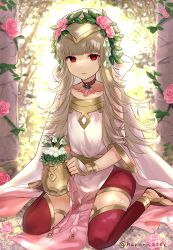 Rule 34 | 1girl, alternate costume, bare shoulders, blunt bangs, breasts, cup, fire emblem, fire emblem heroes, flower, full body, grey hair, hair flower, hair ornament, haru (nakajou-28), highres, holding, holding cup, leaf hair ornament, nintendo, official alternate costume, outdoors, red thighhighs, thighhighs, veronica (fire emblem)