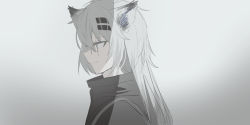 Rule 34 | 1girl, absurdres, animal ear fluff, animal ears, arknights, black jacket, blue eyes, chihuri, closed mouth, grey background, grey hair, hair between eyes, hair ornament, hairclip, highres, jacket, lappland (arknights), long hair, looking away, profile, scar, scar across eye, scar on face, simple background, smile, solo, upper body