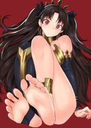 Rule 34 | 1girl, anklet, asymmetrical legwear, barefoot, black bow, black hair, bow, breasts, brown hair, closed mouth, collarbone, crown, detached collar, detached sleeves, earrings, expressionless, fate/grand order, fate (series), feet, female focus, foot focus, foreshortening, gold, greek toe, hair bow, hair spread out, head tilt, hoop earrings, ishtar (fate), jewelry, kokuriu, legs, long hair, looking at viewer, medium breasts, parted bangs, red background, red eyes, shiny skin, sidelocks, simple background, single thighhigh, sitting, soles, solo, stirrup legwear, thighhighs, thighs, tiara, toeless legwear, toes, twintails, uneven legwear